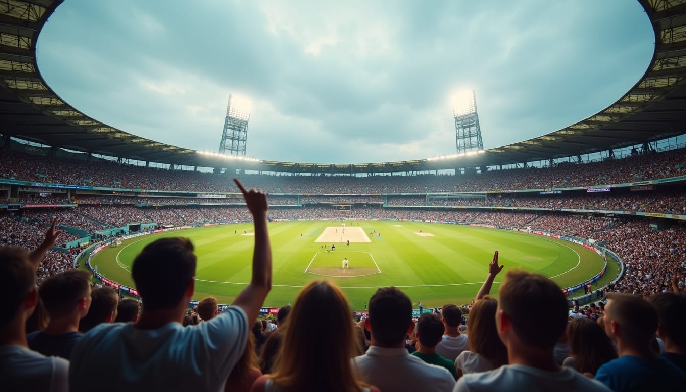 Eye-level view of a cricket stadium filled with enthusiastic fans